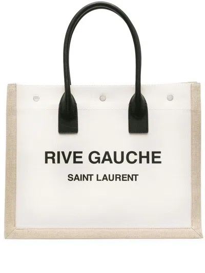Saint Laurent Rive Gauche Small Leather-trimmed Printed Canvas Tote In Beige