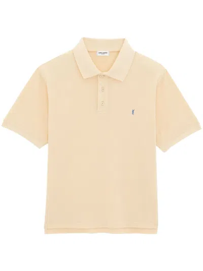 Saint Laurent Men's Tan Pique Polo Shirt With Embroidered Logo In Beige