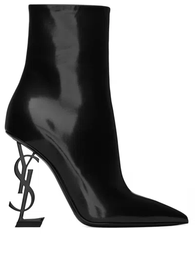 Saint Laurent Opyum Leather Heel Ankle Boots In Black