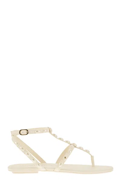 Stuart Weitzman Embellished Pearlita Thong Sandals In White
