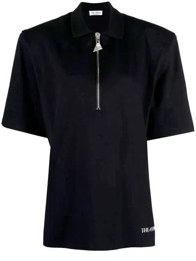 Attico Black Short-sleeved Cotton T-shirt With Polo-style Collar And Padded Shoulders