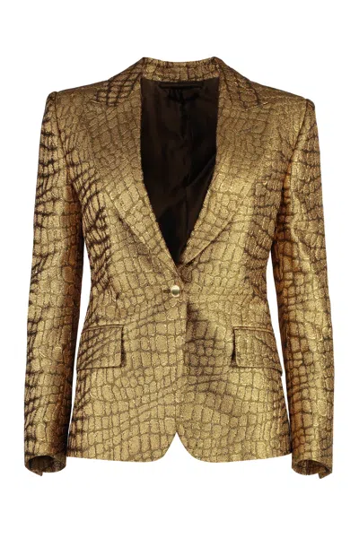 Tom Ford Metallic Croc-jacquard Single-breasted Blazer Jacket In Brown
