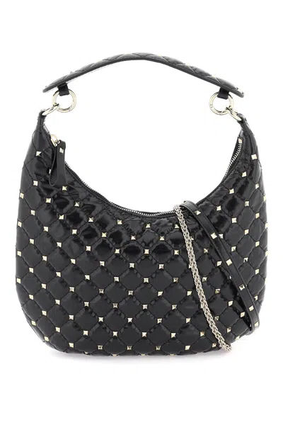 Valentino Garavani Black Quilted Leather 'rockstud Spike' Small Hobo Bag For Women