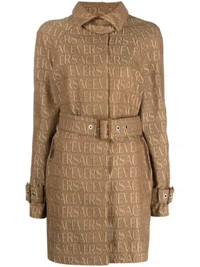 Versace Allover Trench Coat In Brown