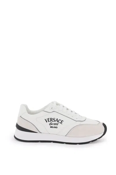 Versace Italian Leather Milan Lace-up Sneakers For Men In White