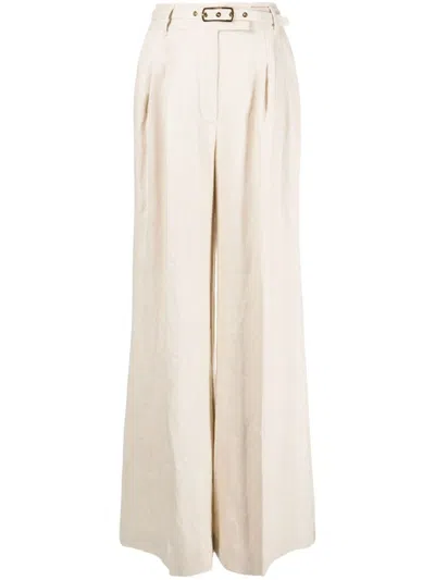 Zimmermann Matchmaker Belted Whipstitched Linen Wide-leg Trousers In Beige