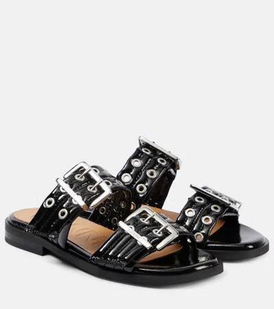 Ganni Studded Patent Leather Sandals In Black