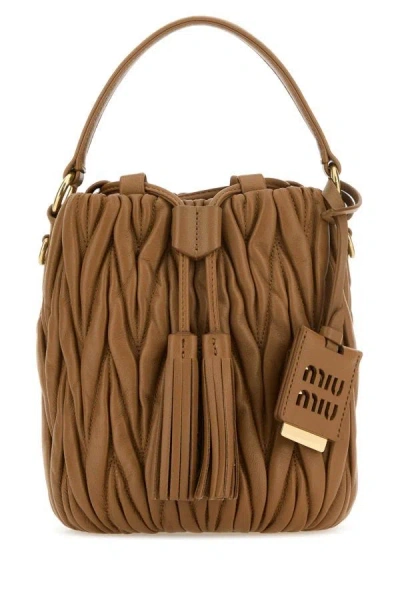Miu Miu Woman Camel Nappa Leather Bucket Bag In Brown