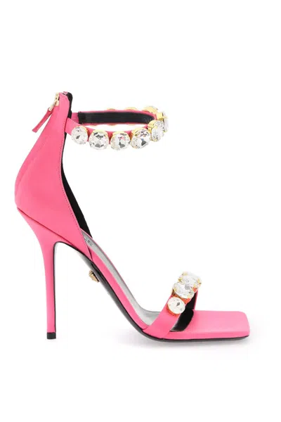 Versace Satin Sandals With Crystals Women In Multicolor