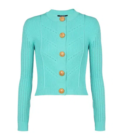 Balmain Button-embellished Ribbed Pointelle-knit Cardigan In Blue