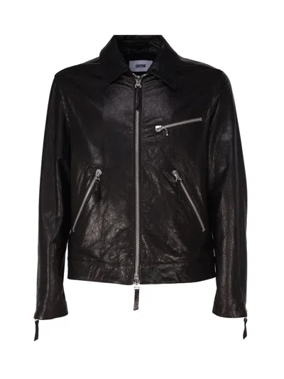 Mauro Grifoni Down Jacket Biker In Leather In Black