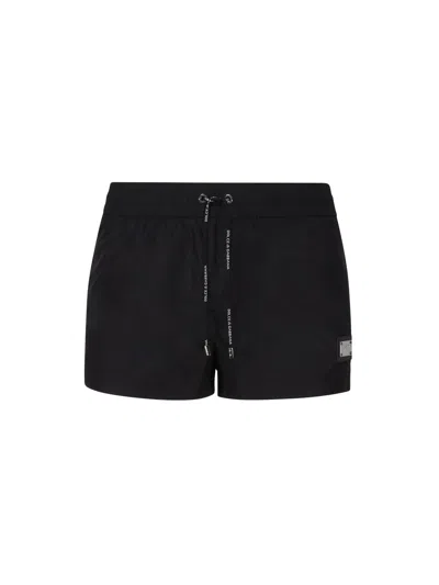 Dolce & Gabbana Short Beach Boxer Shorts Made Of Lightweight Nylon With Metal Logo Plaque In Black