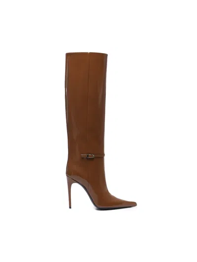 Saint Laurent Vendome Leather Buckle Stiletto Knee Boots In Brown
