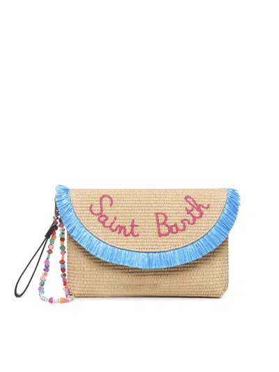 Mc2 Saint Barth Straw Handbag With Fringes And Fruits In Natural, Light Blue