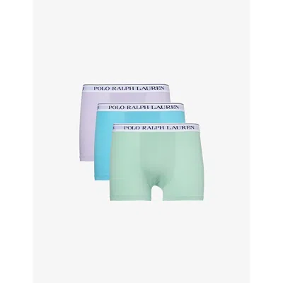 Polo Ralph Lauren Branded-waistband Mid-rise Pack Of Three Stretch-cotton Trunks In Celadon/turquoise/purple
