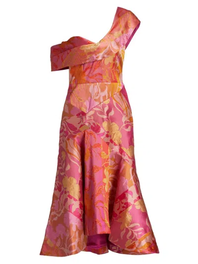 Theia Drew Floral Patchwork High-low Cocktail Dress In Poppy Zinnia