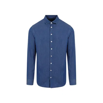 Giorgio Armani Long-sleeve Cotton Denim Shirt In Blue