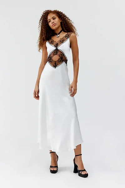 4th & Reckless Cut Out Contrast Lace Trim Satin Maxi Dress In White