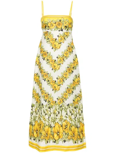 Alemais Gisela Floral-print Linen Midi Dress In Yellow