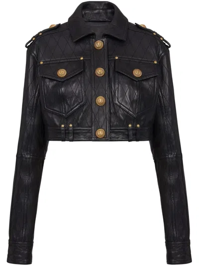 Balmain Quilted Leather Cropped Jacket In Black