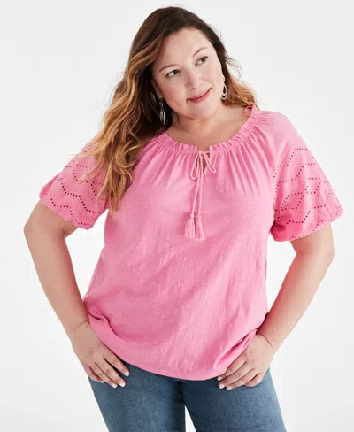 Style & Co Plus Size Eyelet Puff-sleeve Split-neck Cotton Top, Created For Macy's In Pink Stiletto