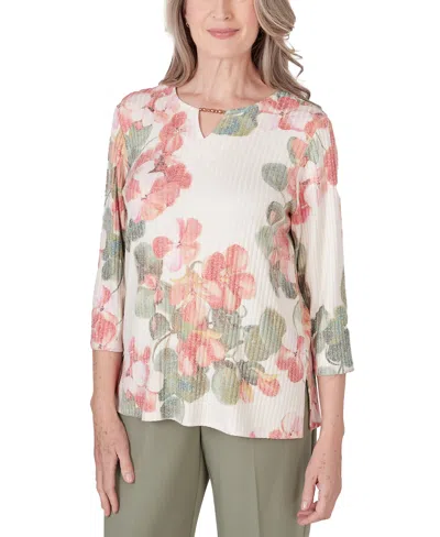 Alfred Dunner Petite Tuscan Sunset Floral-print Embellished Textured Top In Multi