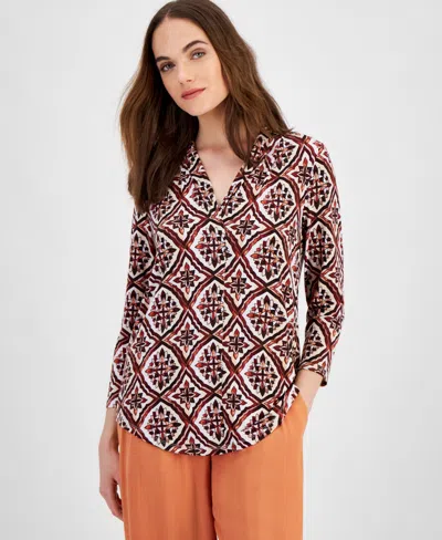 Jm Collection Women's V-neck Printed 3/4-sleeve Top, Created For Macy's In Firewood Combo