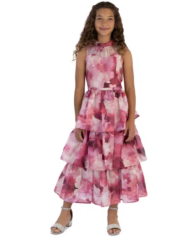 Speechless Kids' Big Girls Floral-print Organza Tiered Maxi Dress In Fuschia,pink