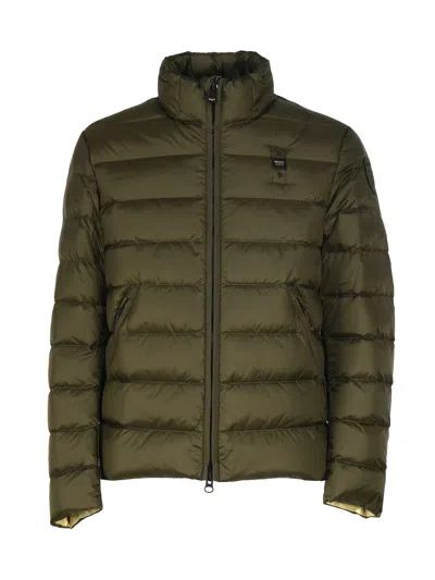 Blauer Nylon Down Jacket With Striped Stitching In Green