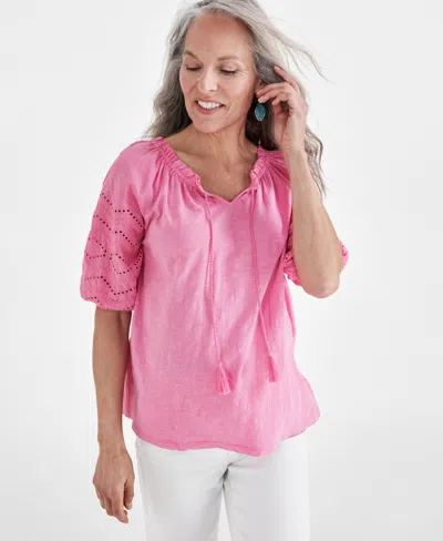 Style & Co Petite Embroidered Knit Split-neck Top, Created For Macy's In Pink Stiletto