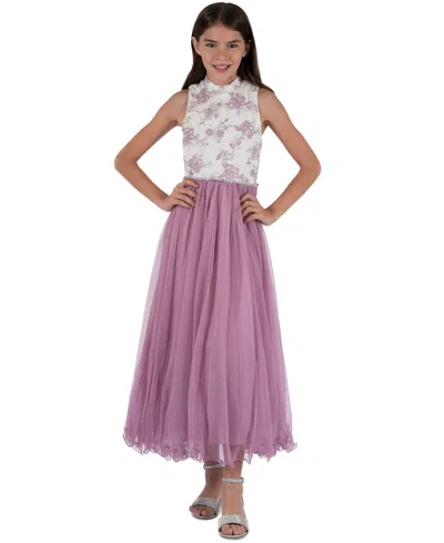 Speechless Kids' Big Girls Mock-neck Tulle Maxi Dress In Ivory,lilac
