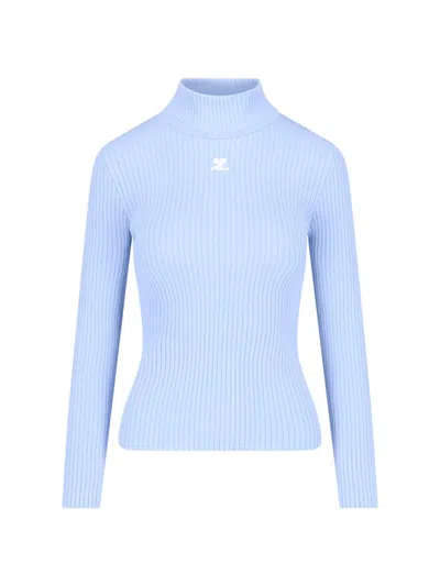 Courrèges Logo Ribbed-knit Turtleneck Sweater In Clear Blue