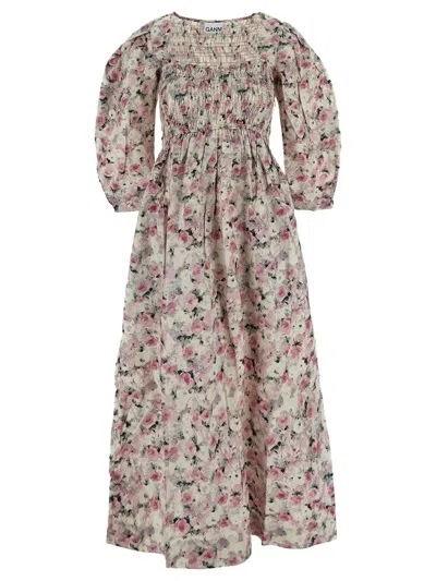 Ganni Cotton Open-neck Smock Long Dress In Pink