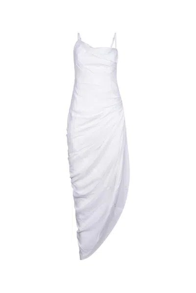 Jacquemus Asymmetric Draped Midi Dress In White