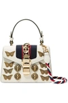 GUCCI Sylvie mini embellished chain-trimmed leather and canvas shoulder bag