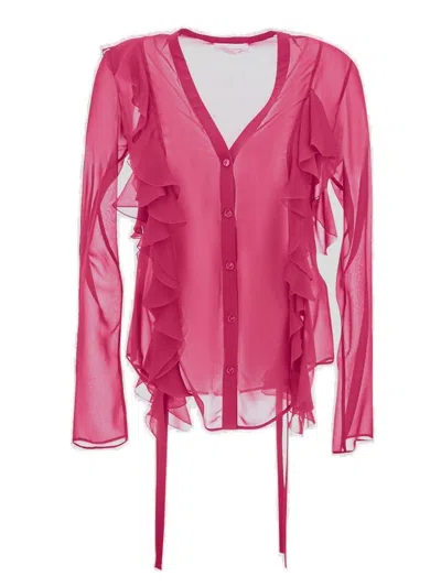 Blumarine Ruffled Semi-sheer Silk Blouse In Pink