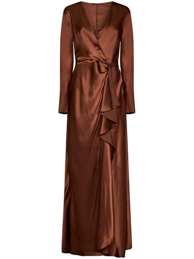 Alberta Ferretti Draped Wrap-effect Satin Maxi Dress In Brown