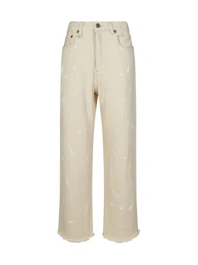 R13 D'arcy Frayed Paint-splattered High-rise Wide-leg Jeans In Beige