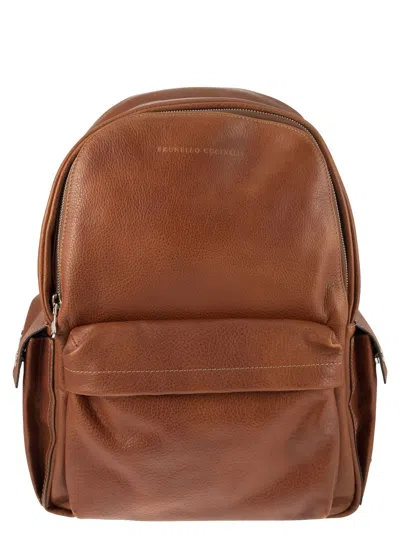 Brunello Cucinelli Calfskin Backpack With Grain In Brown