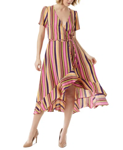 Jessica Simpson Women's Varsha Short-sleeve Wrap Dress In Rose Violet-rainbow Stripe