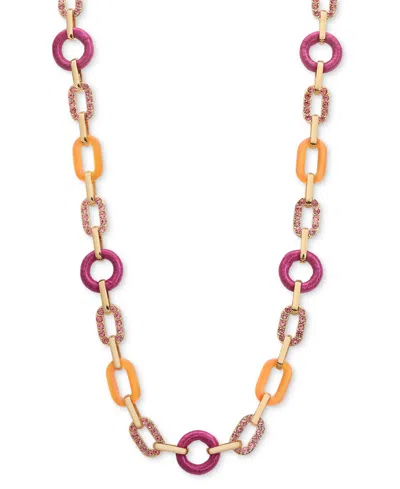 Inc International Concepts Gold-tone Pave, Color & Ribbon-wrapped Chain Link Strand Necklace, 42" + 3" Extender, Created For Ma In Pink