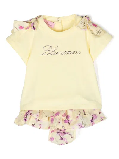 Miss Blumarine Babies' Floral-print Cotton Shorts Set In Yellow
