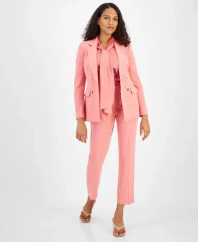 Bar Iii Womens Textured Crepe One Button Blazer Satin Bow Blouse Textured Crepe Straight Leg Ankle Pants Cre In Coral Rose