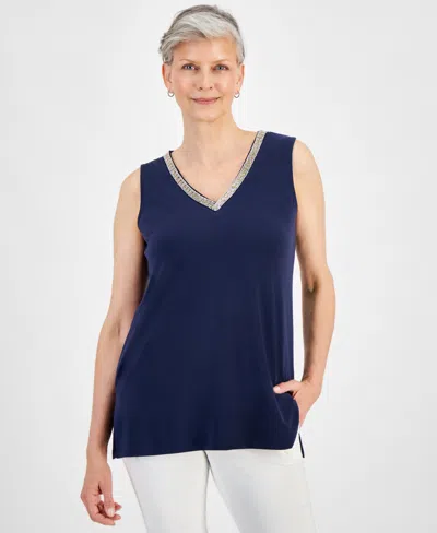 Jm Collection Women's Beaded-neck Sleeveless Top, Created For Macy's In Intrepid Blue Combo