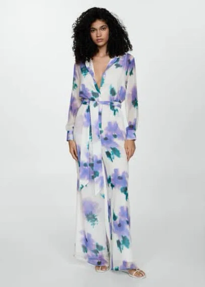 Mango Printed Jumpsuit With Bow Purple