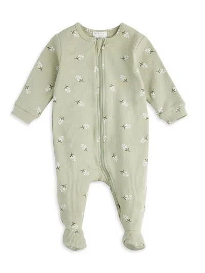 Firsts By Petit Lem Baby Girl's Ribbed Daisy Print Footie In Light Green