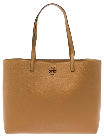 Tory Burch Mcgraw Beige Tote Bag Wit Double T Detail In Grainy Leather Woman In Brown