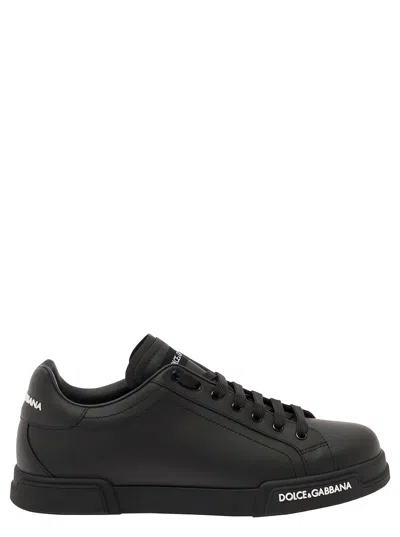 Dolce & Gabbana Portofino Black Low Top Sneakers With Contrasting Logo Detail In Leather Man