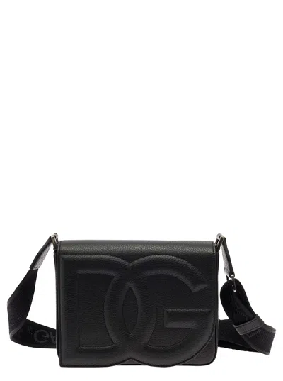 Dolce & Gabbana Medium Dg Logo Black Crossbody Bag With Quilted Logo In Leather And Cotton Man