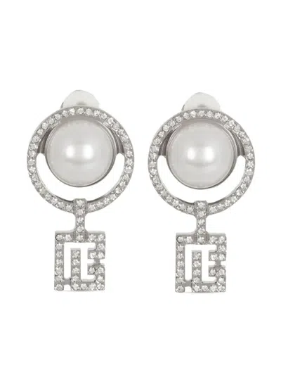 Balmain Pearl Earrings With Art Deco Rhinestones In Metallic